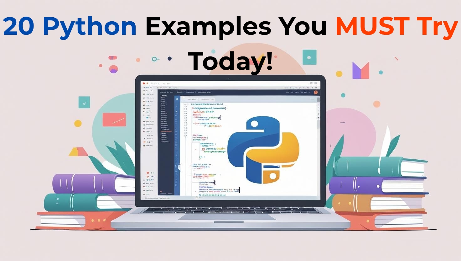 Urgent thumbnail with bold Python text and 20 beginner programming examples to practice immediately