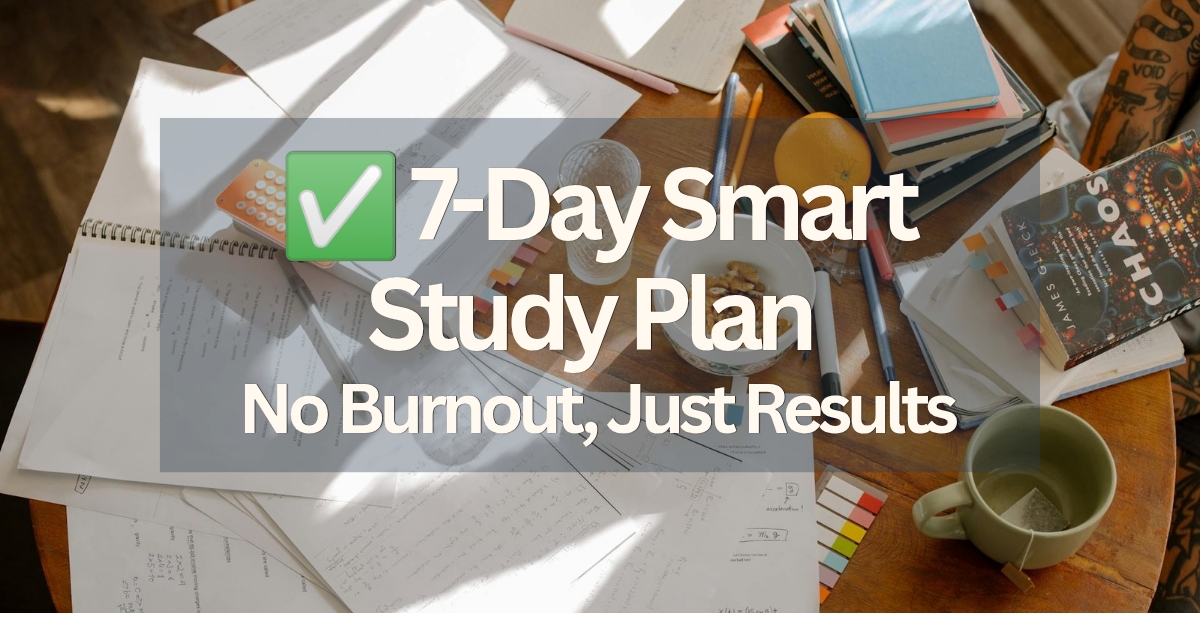 Study desk with notes, calculator, and books a 7-day smart study plan
