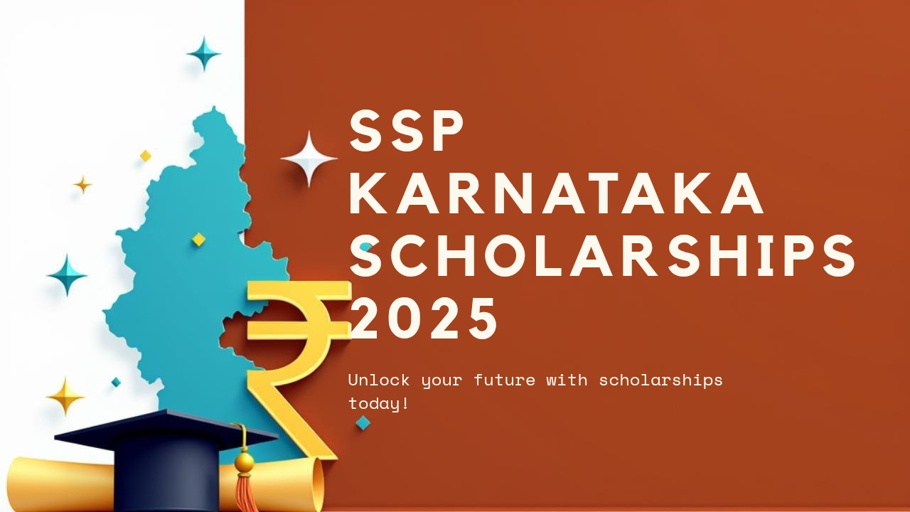 Illustration of Karnataka map with graduation cap, certificate, rupee symbol, and scholarship portal concept in flat design