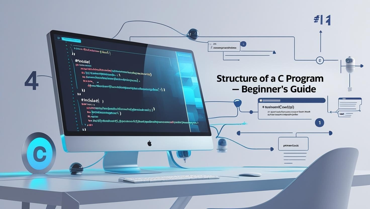 Computer screen showing C program structure with code and labeled sections for beginners