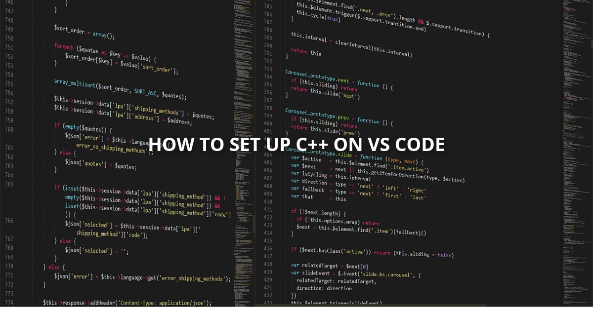 Screenshot-style image with dark code background and title text 'How to Set Up C++ on VS Code'