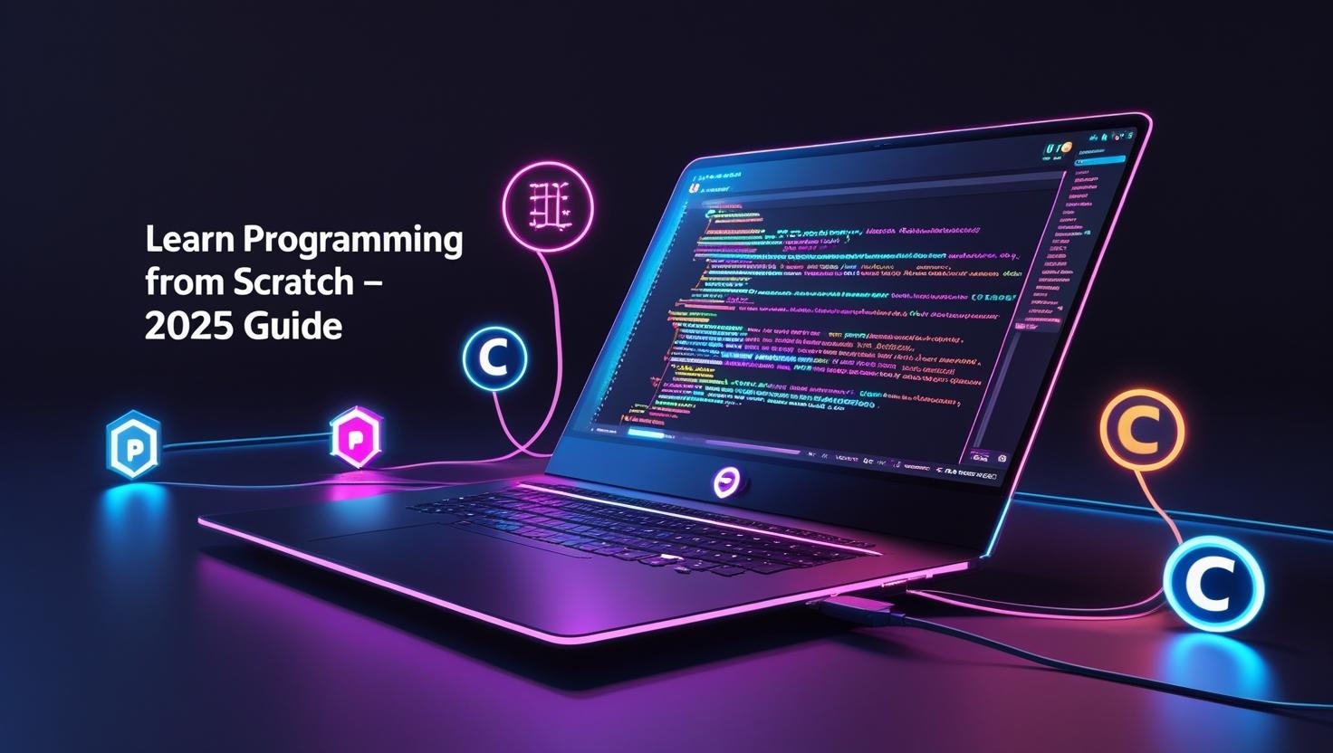Futuristic desk setup with a laptop displaying colorful code and glowing icons of Python, C++, and C – Learn Programming from Scratch 2025 Guide
