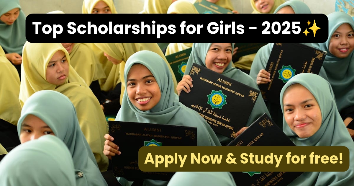 Group of muslim school girls in hijab holding graduation certificates, representing scholarship opportunities for girls in in India in 2025