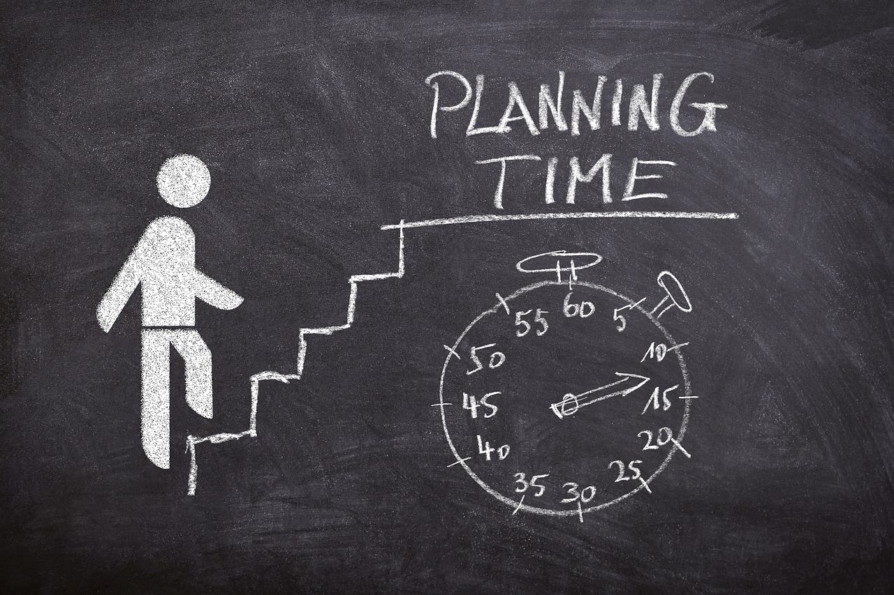 Chalkboard drawing of a person climbing steps with a stopwatch and the words Planning Time